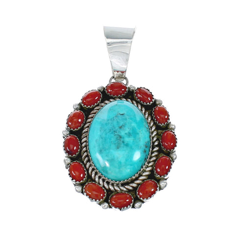 Navajo Turquoise and Coral Multi-Stone Sterling Silver Pendant NN20501